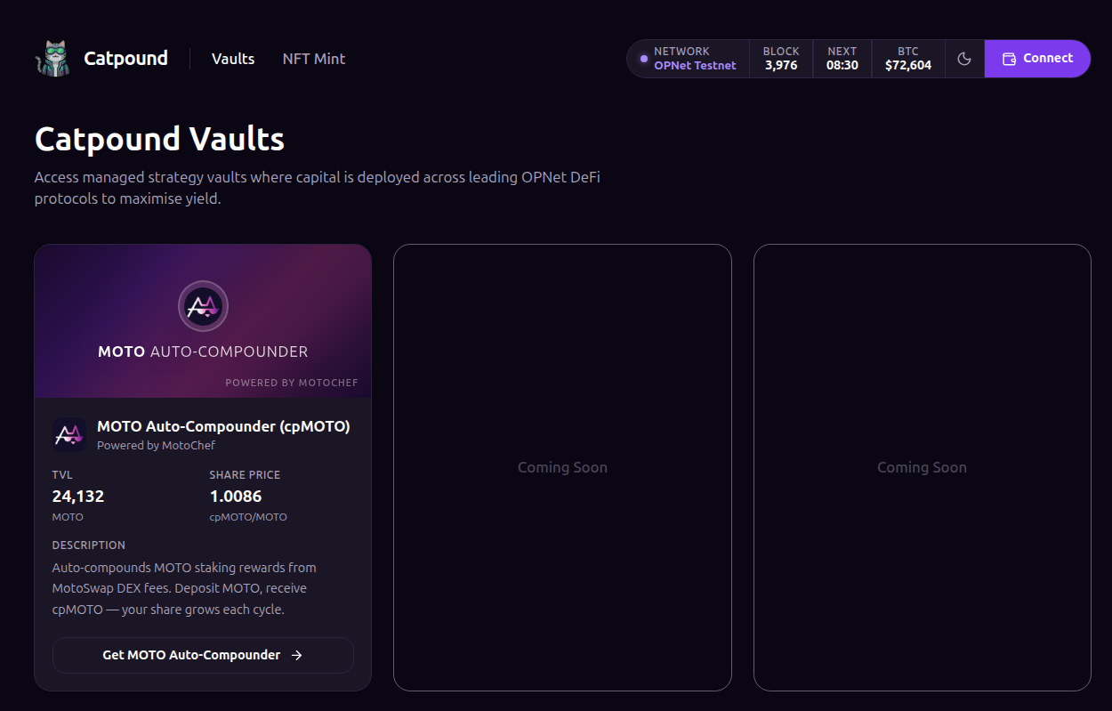 Vaults page showing the MOTO Auto-Compounder