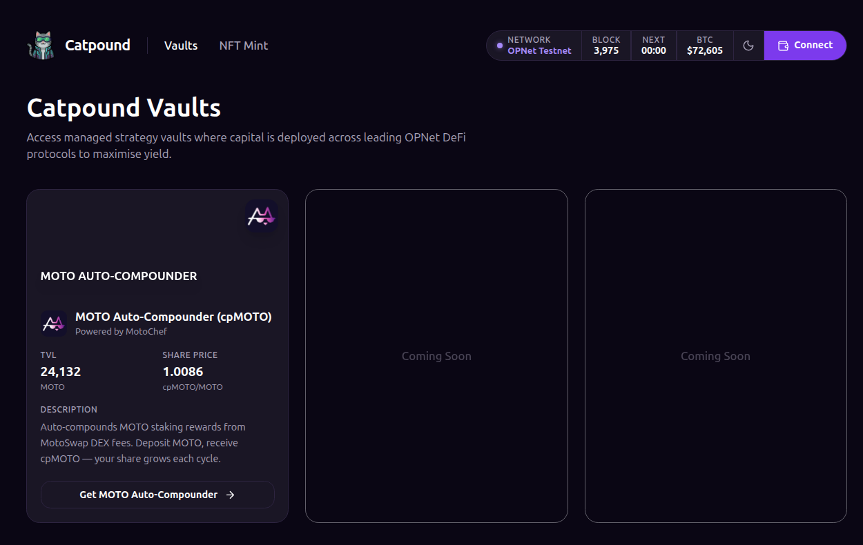 Catpound vaults page with strategy cards
